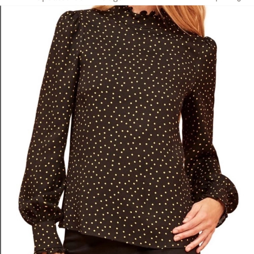 Reformation Woman’s Black Polka Dot Retro High Neck Blouse Long Sleeve Top M